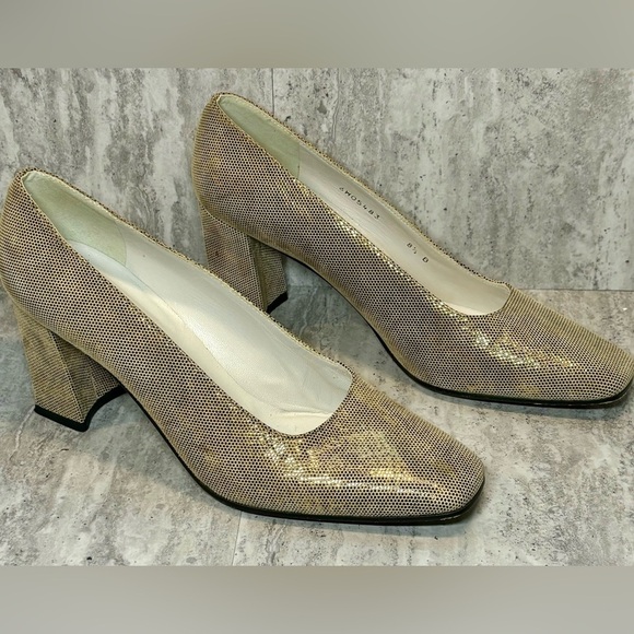 Stuart Weitzman Textured Gold Block Heels - Picture 1 of 7